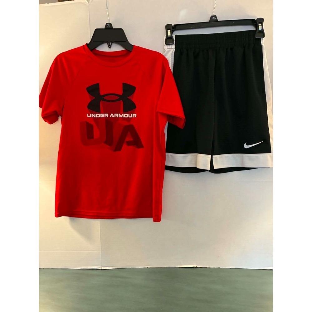 Nike Youth Medium Black Athletic Shorts & Under Armour Red HeatGear‎ Shirt Set